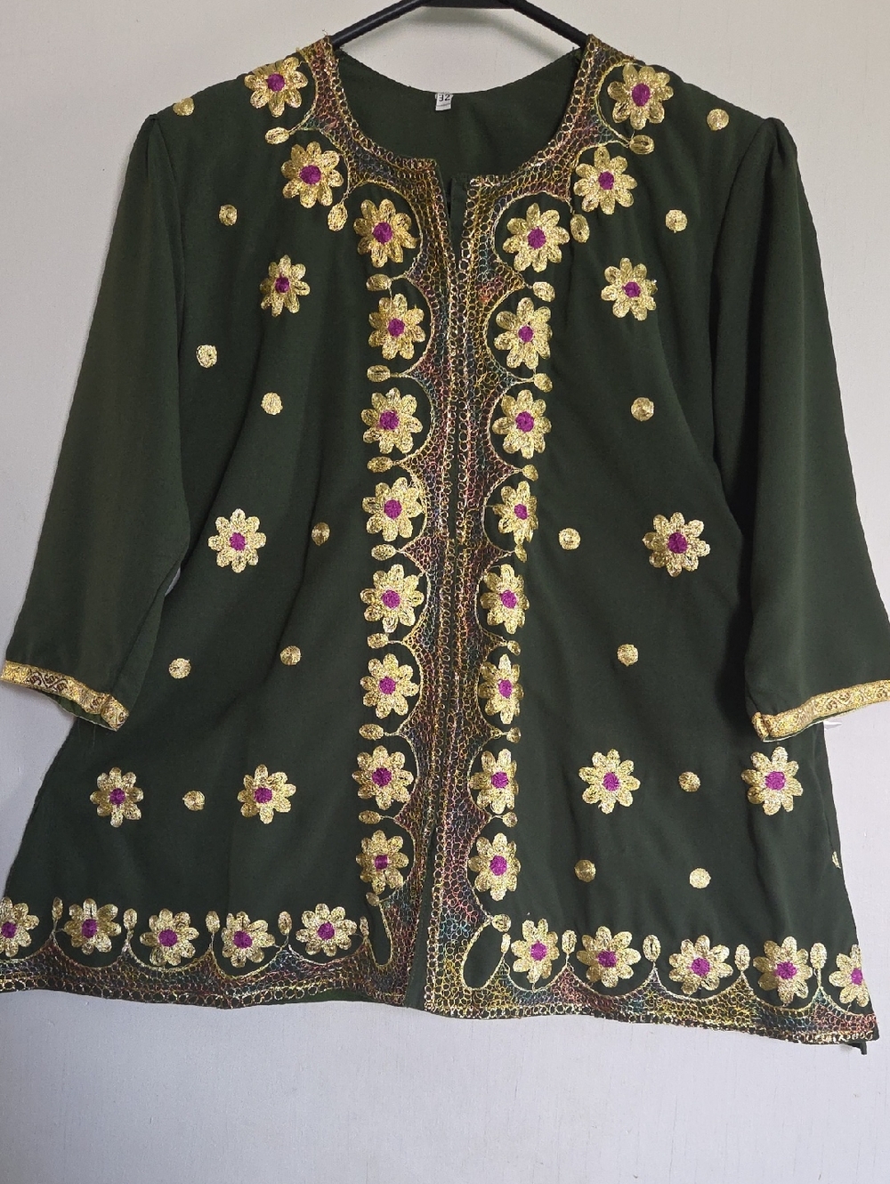Embroidered Olive Green Tunic with Gold & Pink Floral Accents